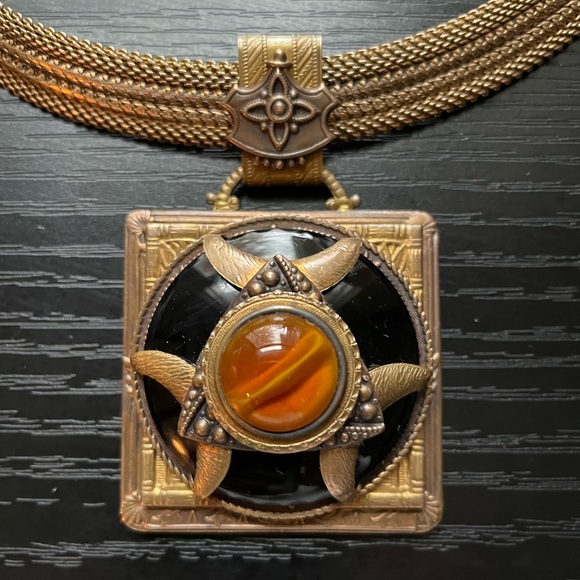 Vintage Designer Patrice Brass Egyptian mesh cat eye necklace earring set - Picture 7 of 9